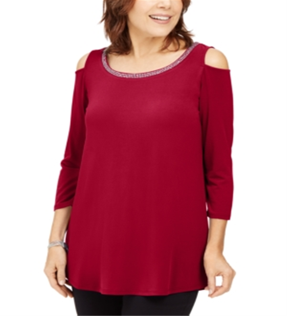 JM Collection Women's Embellished Cold Shoulder Top Red Size X-Small