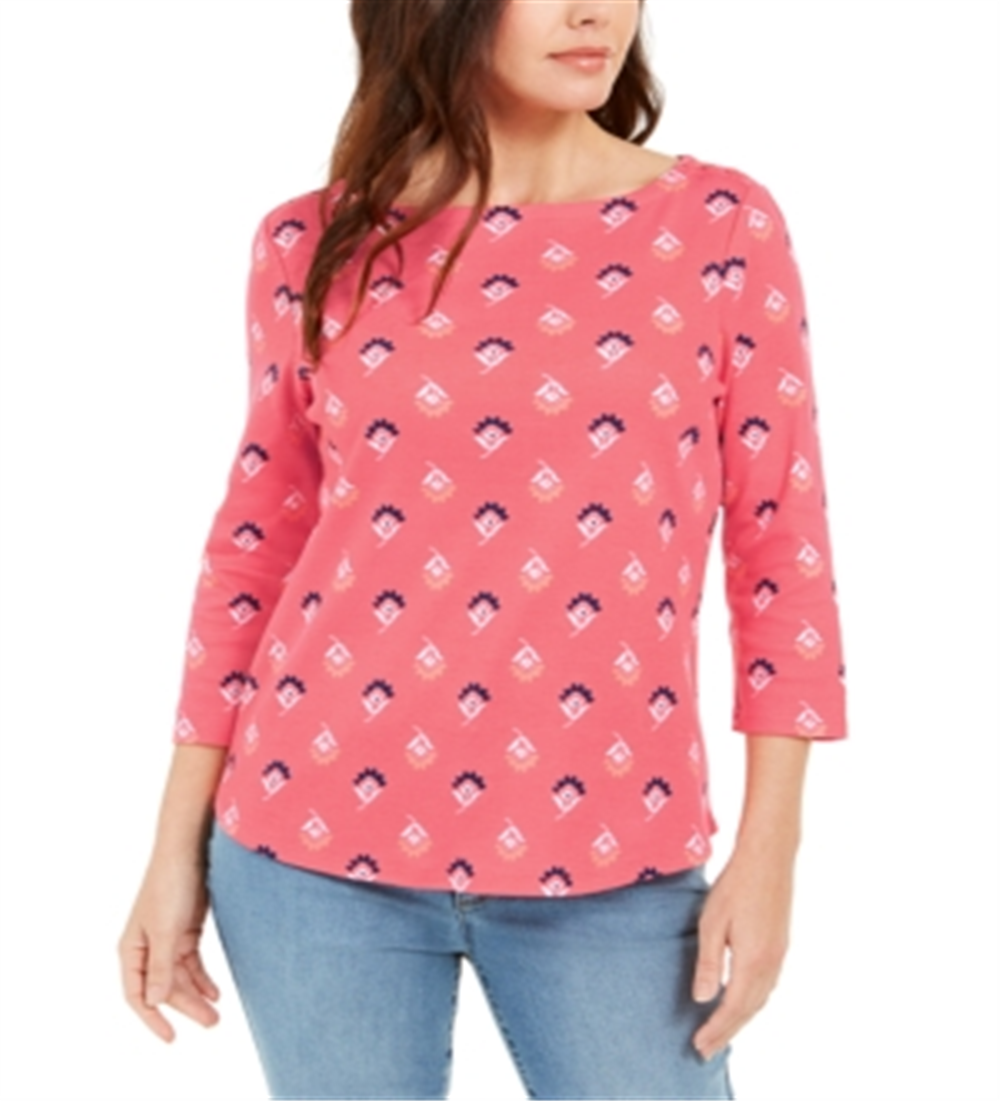 Charter Club Women's Printed Boat Neck Top Pink Size X-Large