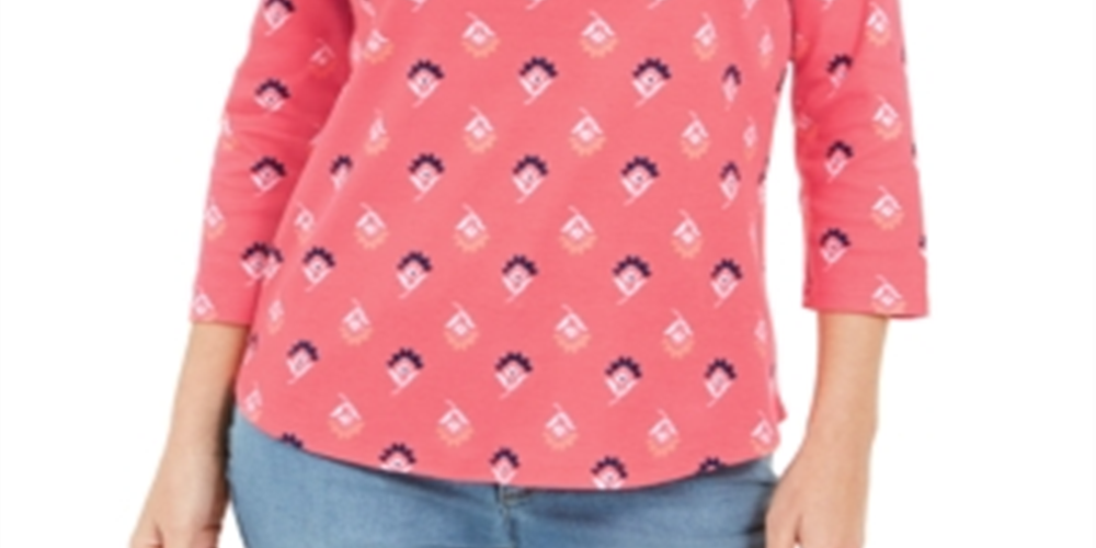 Charter Club Women's Printed Boat Neck Top Pink Size X-Large