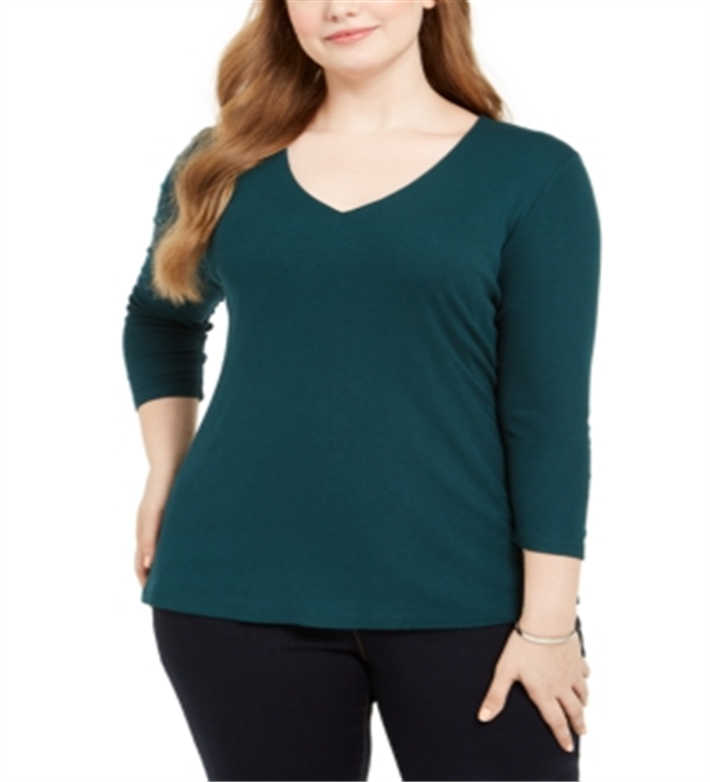 INC International Concepts Women's Plus Ribbed V Neck Top Green Size-0X