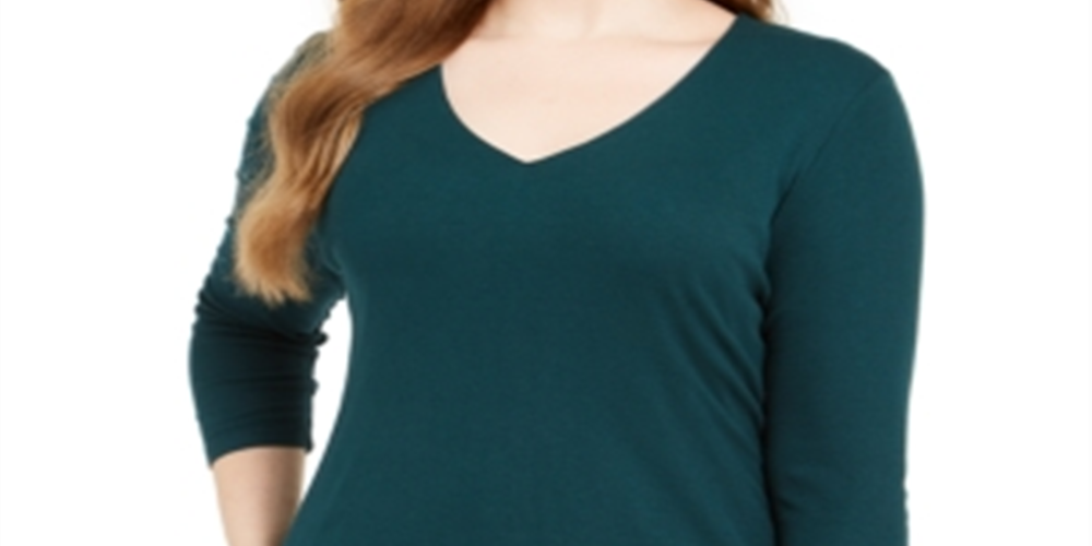 INC International Concepts Women's Plus Ribbed V Neck Top Green Size-0X