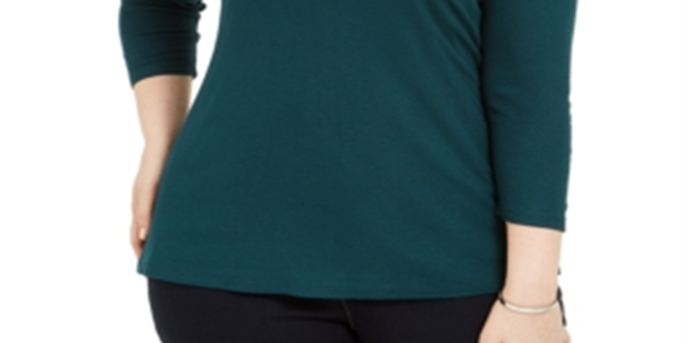 INC International Concepts Women's Plus Ribbed V Neck Top Green Size-0X