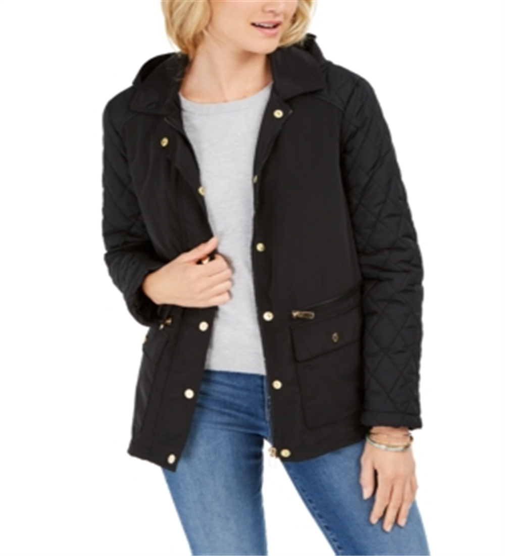 Charter Club Women's Quilted Hooded Jacket Black Size Medium