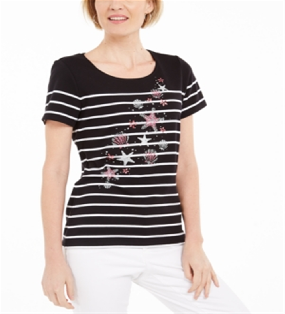 Karen Scott Women's Striped Seashell T-Shirt  Black Size XS