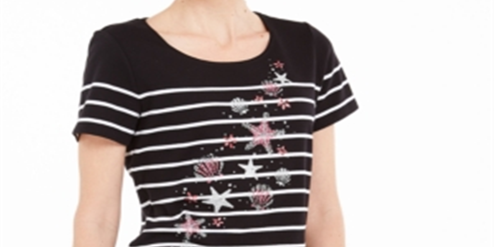 Karen Scott Women's Striped Seashell T-Shirt  Black Size XS