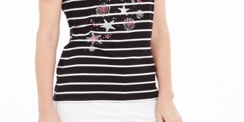Karen Scott Women's Striped Seashell T-Shirt  Black Size XS