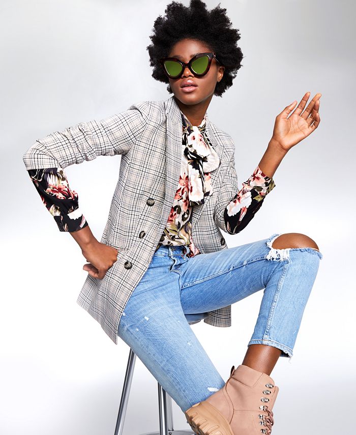 Bar III Women's Open Front Plaid Blazer Gray Size Medium