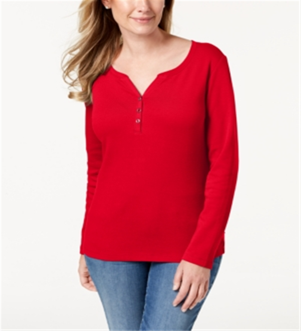 Karen Scott Women's Cotton Henley Neck Top Red Size Petite M