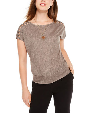 BCX Junior's Lattice Sleeve Top Brown Size Medium