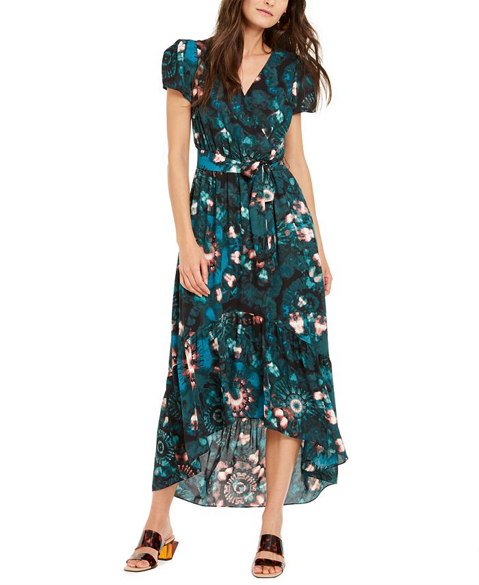 INC International Concepts Women's Printed Short Sleeve V Neck Maxi Hi Lo Dress Green Size 4