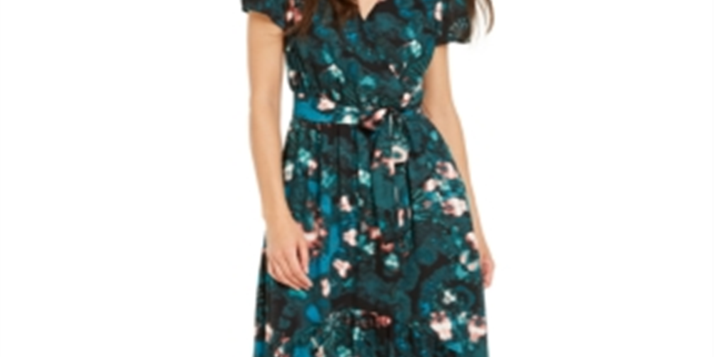 INC International Concepts Women's Printed Short Sleeve V Neck Maxi Hi Lo Dress Green Size 4