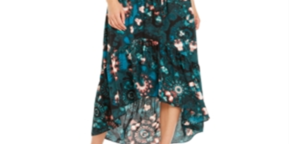 INC International Concepts Women's Printed Short Sleeve V Neck Maxi Hi Lo Dress Green Size 4