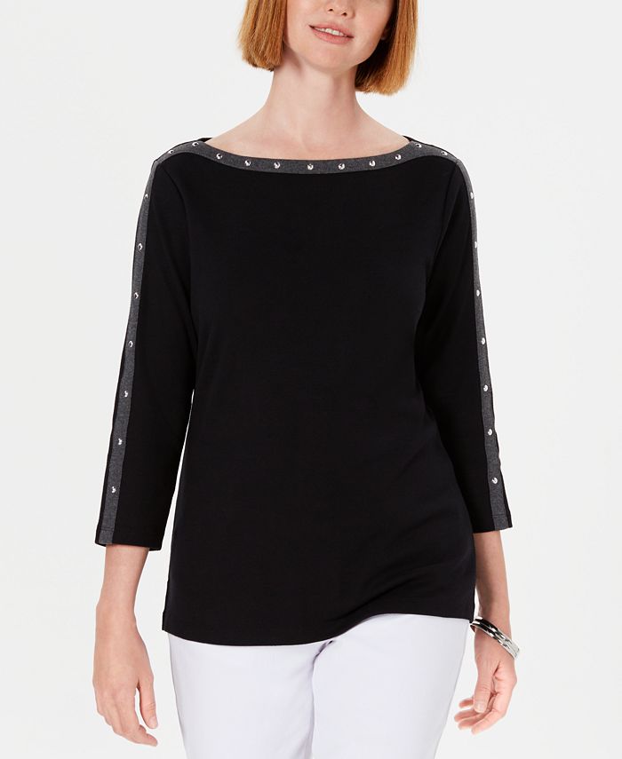 Karen Scott Women's Cotton Studded Boa Neck Top Black Size Petite X-Large