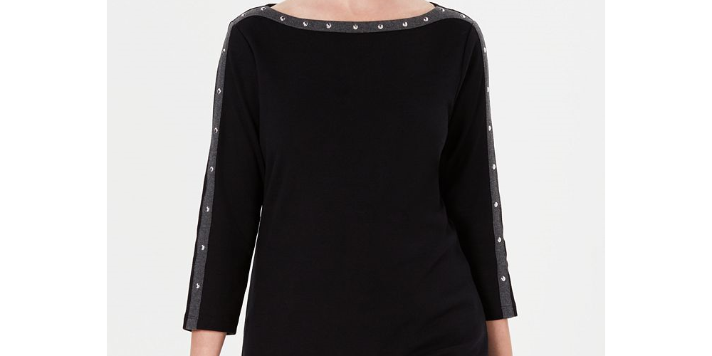 Karen Scott Women's Cotton Studded Boa Neck Top Black Size Petite X-Large