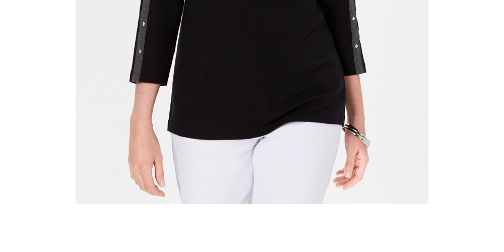 Karen Scott Women's Cotton Studded Boa Neck Top Black Size Petite X-Large