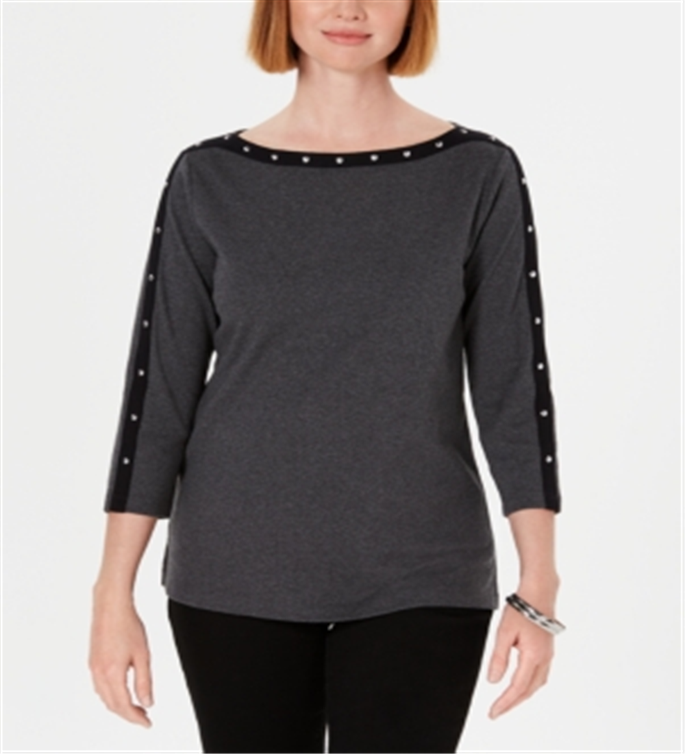 Karen Scott Women's Cotton Studded Boa Neck Top Black Size Petite X-Large
