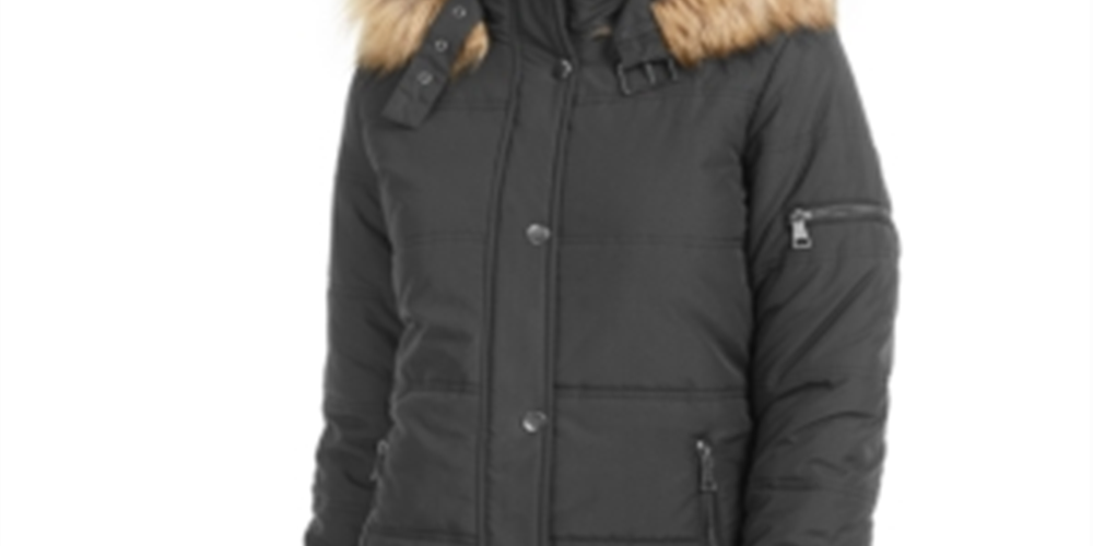 Maralyn & Me Juniors' Faux-Fur-Trim Hooded Puffer Coat Gray Size Large