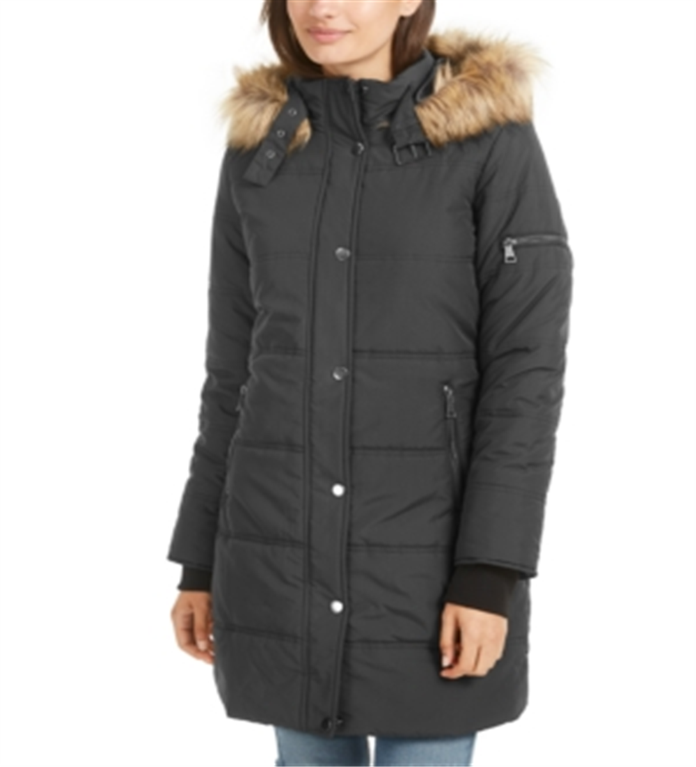 Maralyn & Me Junior's Faux Fur Trim Hooded Puffer Coat Gray Size X-Large