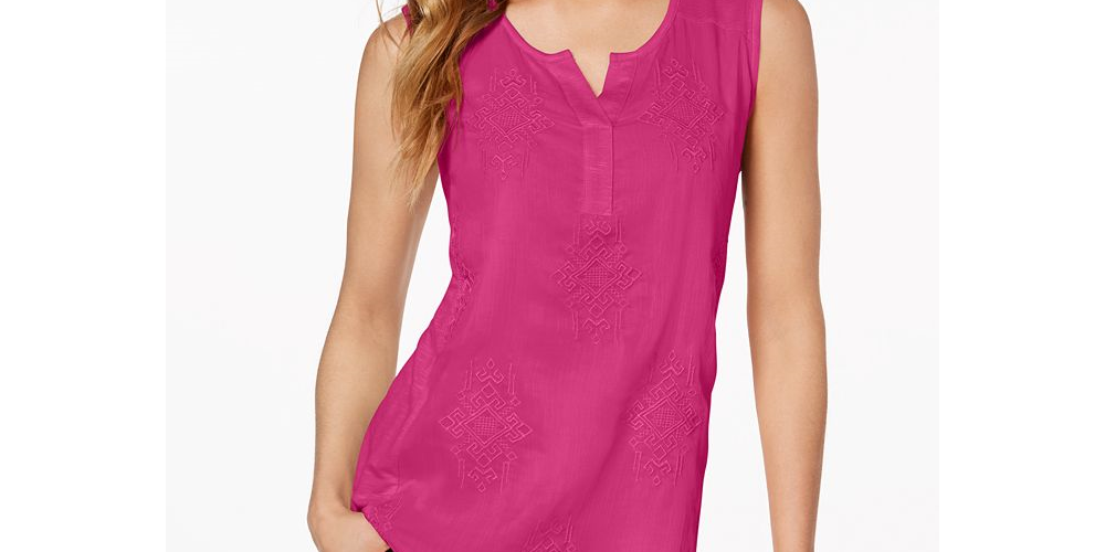 Style & Co Women's Embroidered Top Pink Size Petite