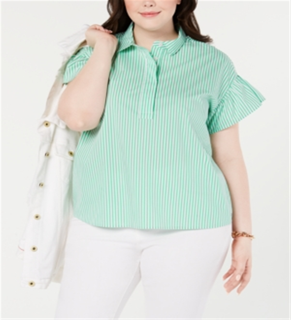 Tommy Hilfiger Women's Plus Ruffled Striped Pullover Top Green Size XL