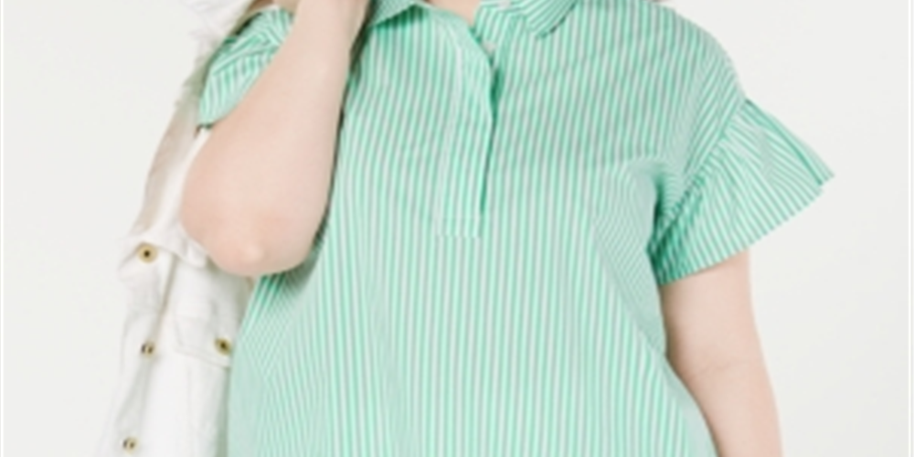 Tommy Hilfiger Women's Plus Ruffled Striped Pullover Top Green Size XL