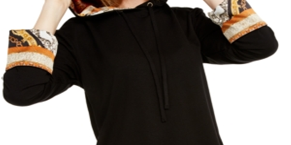 INC International Concepts Women's Printed-Cuff Hoodie Black Size XL