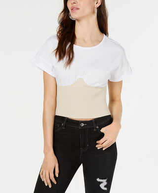 Kendall Kylie Women's Seamed Cuff Sleeves Corset Top White Size L