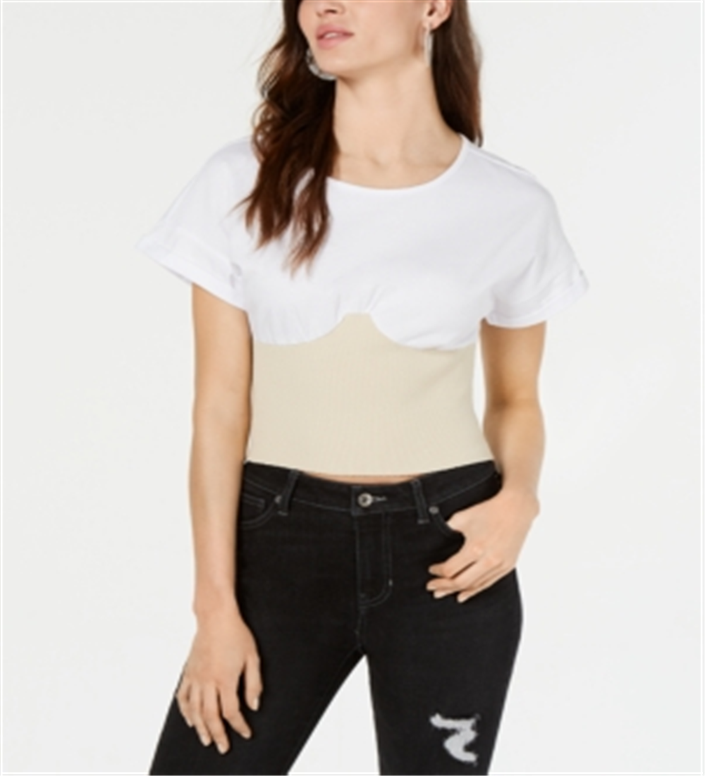 Kendall Kylie Women's Seamed Cuff Sleeves Corset Top White Size L