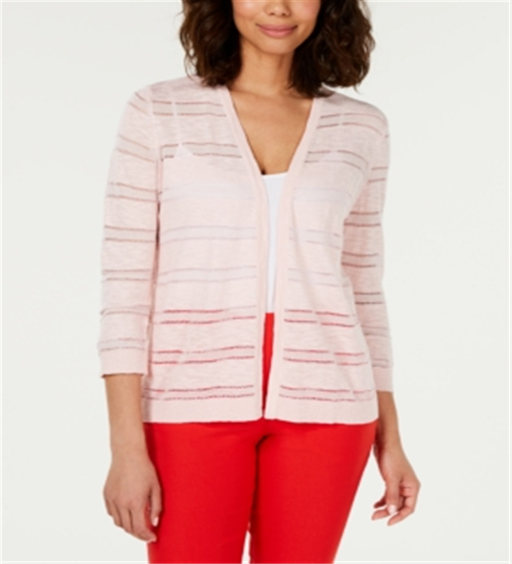 Charter Club Women's Pointelle Stripe Cardigan Pink Size PSM