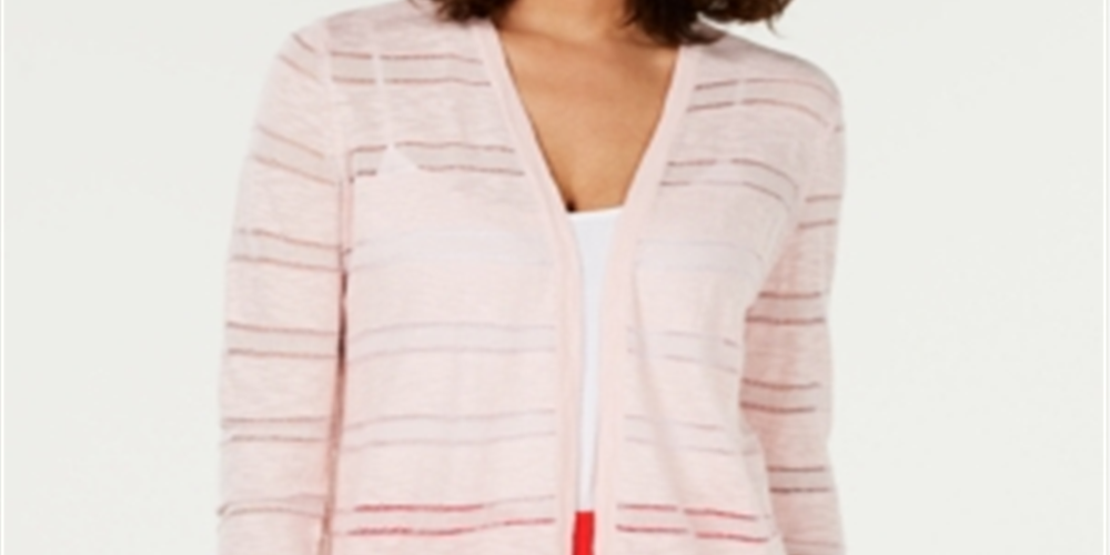 Charter Club Women's Pointelle Stripe Cardigan Pink Size PSM