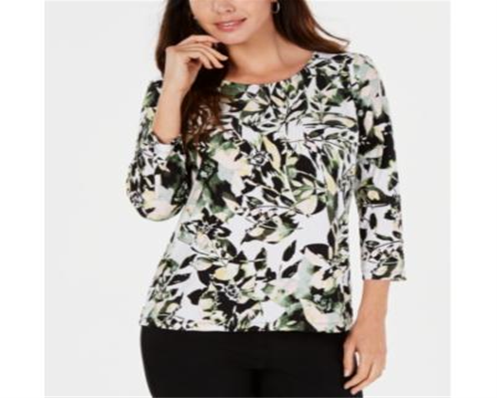 JM Collection Women's Printed Jacquard Top Green Size Petite M