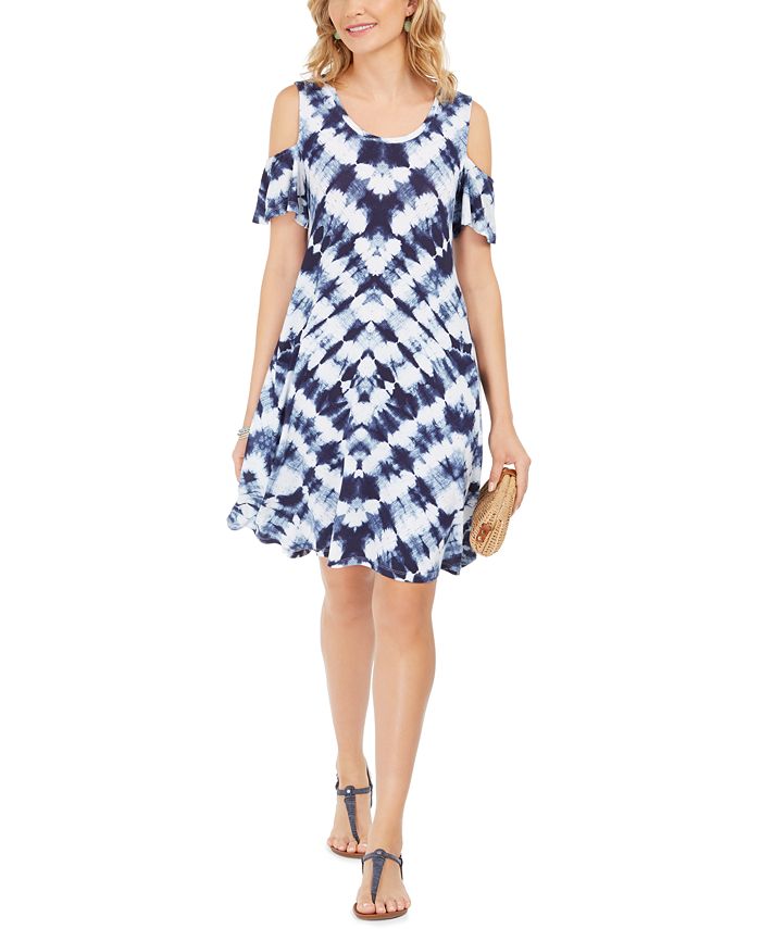 Style & Co Women's Tie Dyed Cold Shoulder Swing Dress Blue Size Petite S