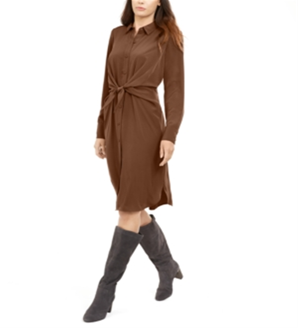 Alfani Women's Tie Waist Knee Length Shirtdress Brown  Size 16