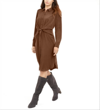 Alfani Women's Tie Waist Knee Length Shirtdress Brown  Size 16