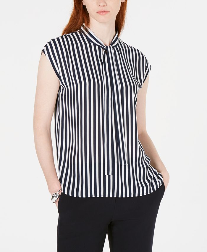 Bar III Women's Striped Tie Neck Top Brown Size S