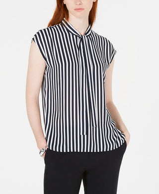 Bar III Women's Striped Tie Neck Top Brown Size S