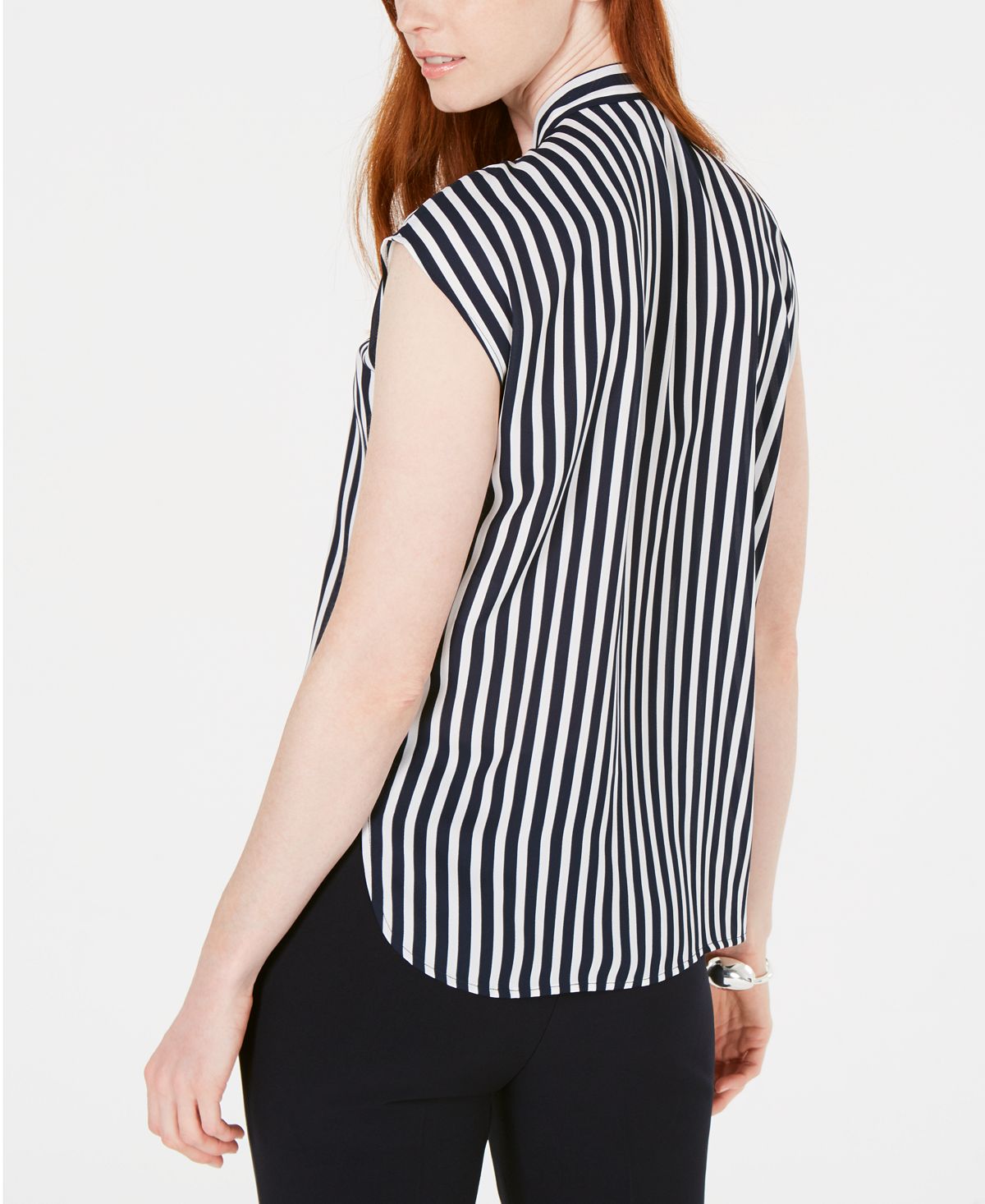 Bar III Women's Striped Tie Neck Top Brown Size S