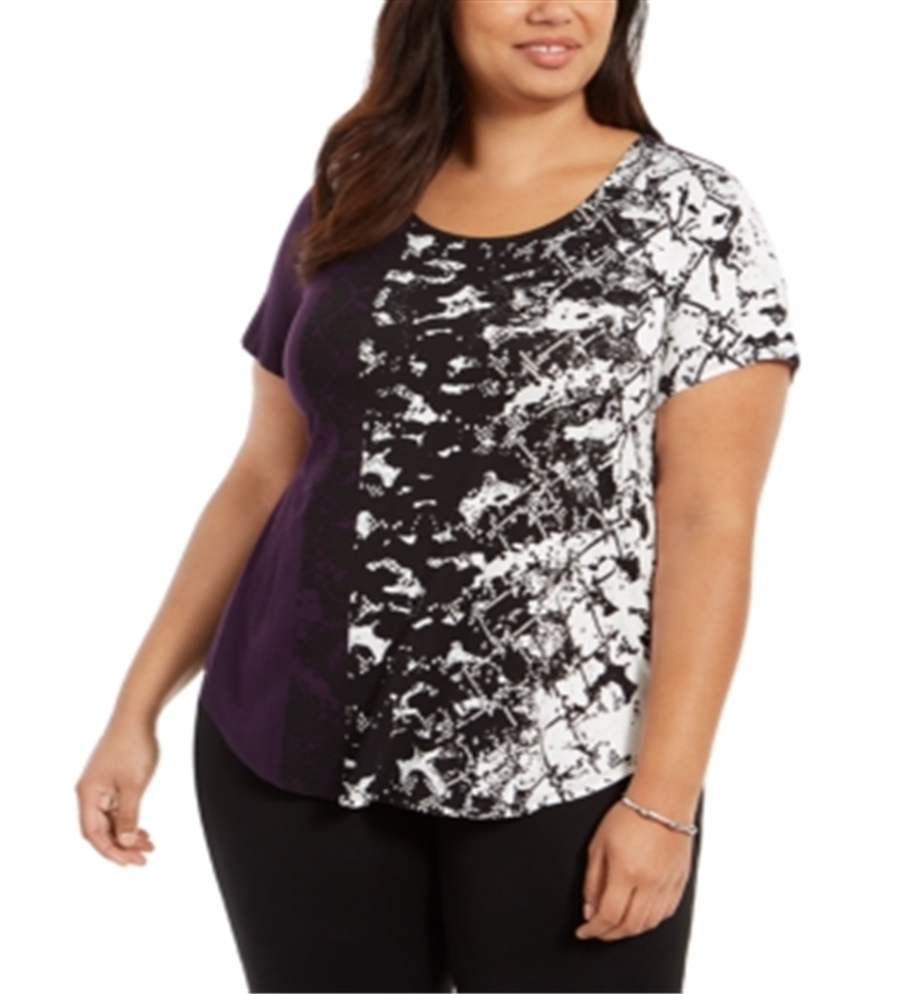 Alfani Women's Printed Round Hem T-Shirt Purple Size Petite XL