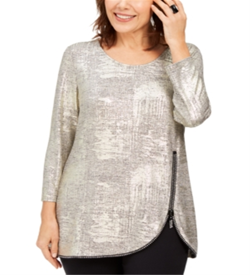 Jm Collection Petite Space-Dyed Embellished-Zipper Top Gold Size Petite XL