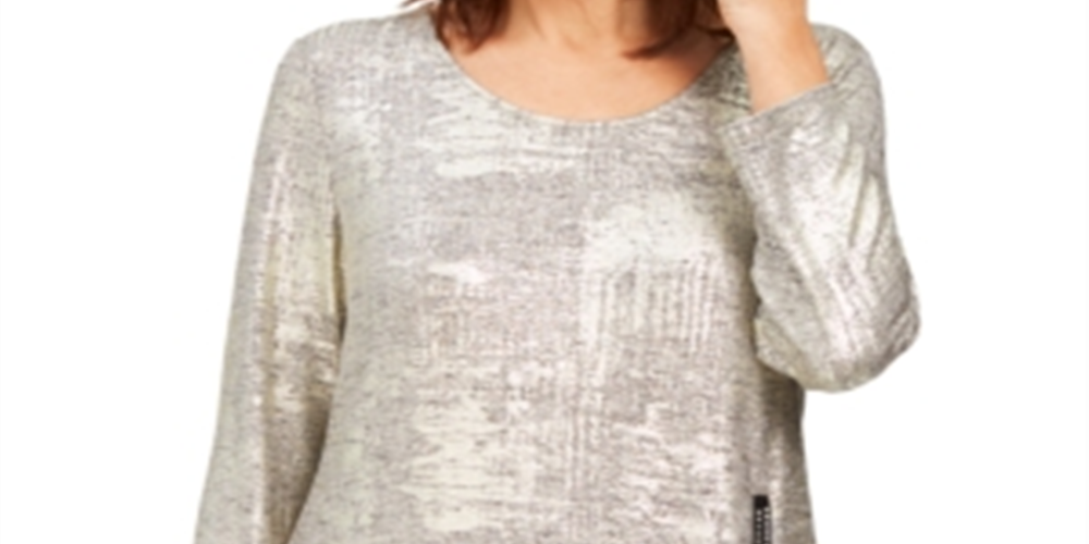 Jm Collection Petite Space-Dyed Embellished-Zipper Top Gold Size Petite XL