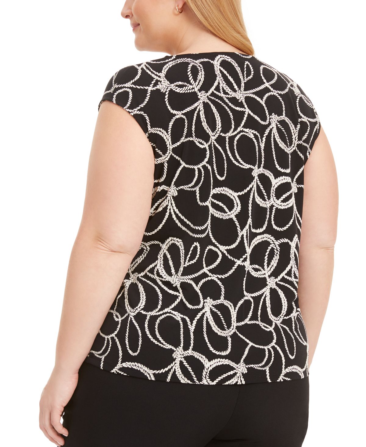 Kasper Women's Cap Sleeve Printed Keyhole Stretch Top -Black Size 3X