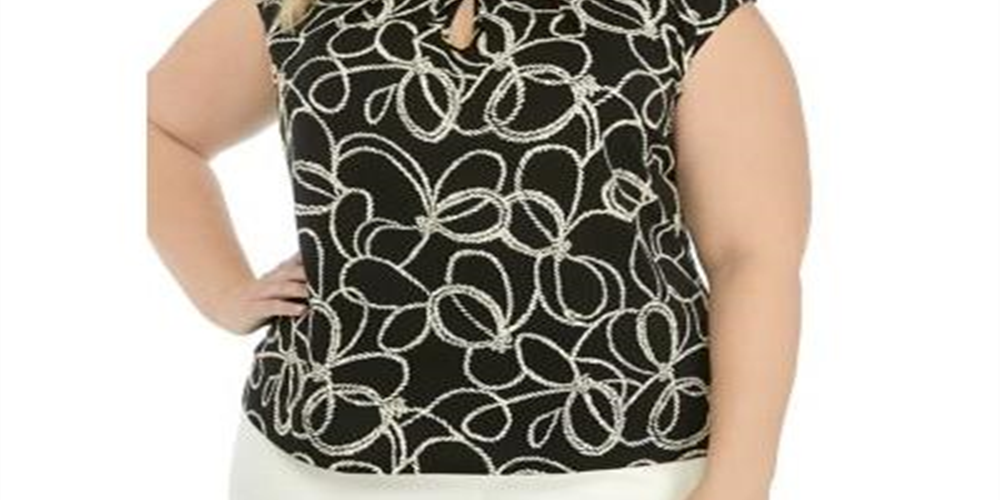 Kasper Women's Cap Sleeve Printed Keyhole Stretch Top -Black Size 3X