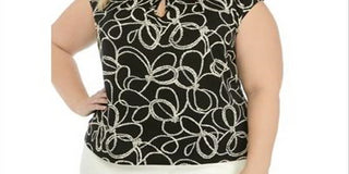 Kasper Women's Cap Sleeve Printed Keyhole Stretch Top -Black Size 3X