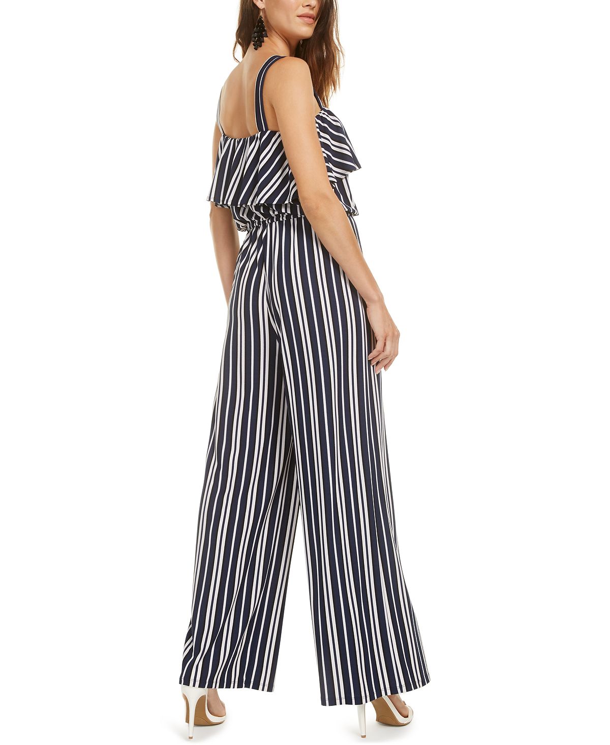 Bar III Women's  Ruffle-Trim Striped Jumpsuit  Blue Size M
