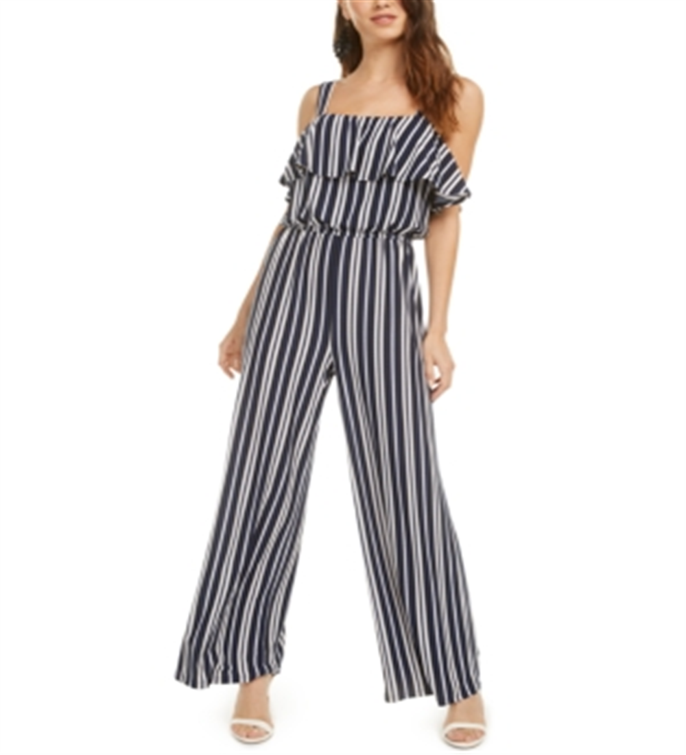 Bar III Women's  Ruffle-Trim Striped Jumpsuit  Blue Size M