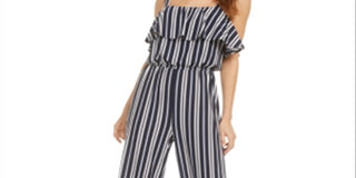 Bar III Women's  Ruffle-Trim Striped Jumpsuit  Blue Size M