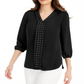 JM Collection Women's Solid Studded Pleated Blouse Black Size Medium