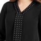 JM Collection Women's Solid Studded Pleated Blouse Black Size Medium