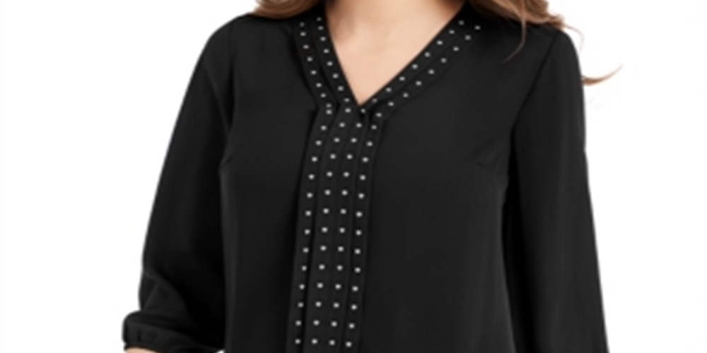 JM Collection Women's Solid Studded Pleated Blouse Black Size Medium