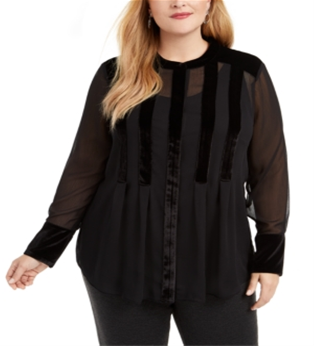 Alfani Women's  Velvet Long Sleeve Jewel Neck Blouse Top Black Size 0X